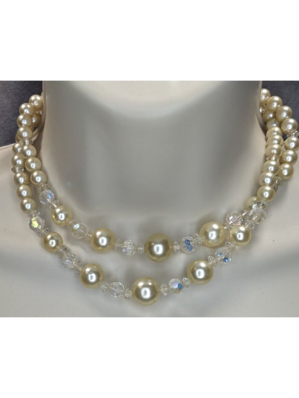 Coquette Vintage Layered Faux Pearl Aurora Borealis Crystal Bead Necklace